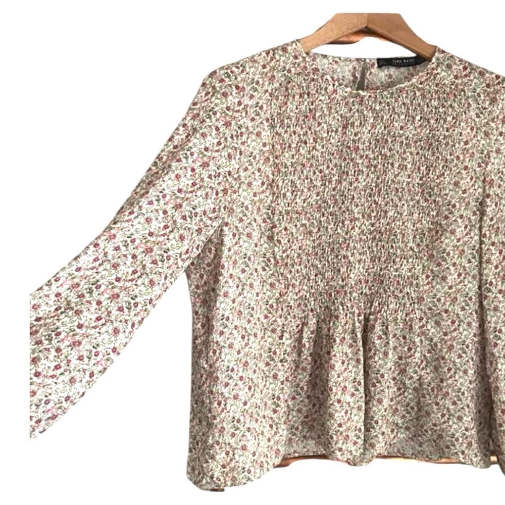Zara ditsy floral blouse sz XS cream vintage romantic tie sleeve EUC